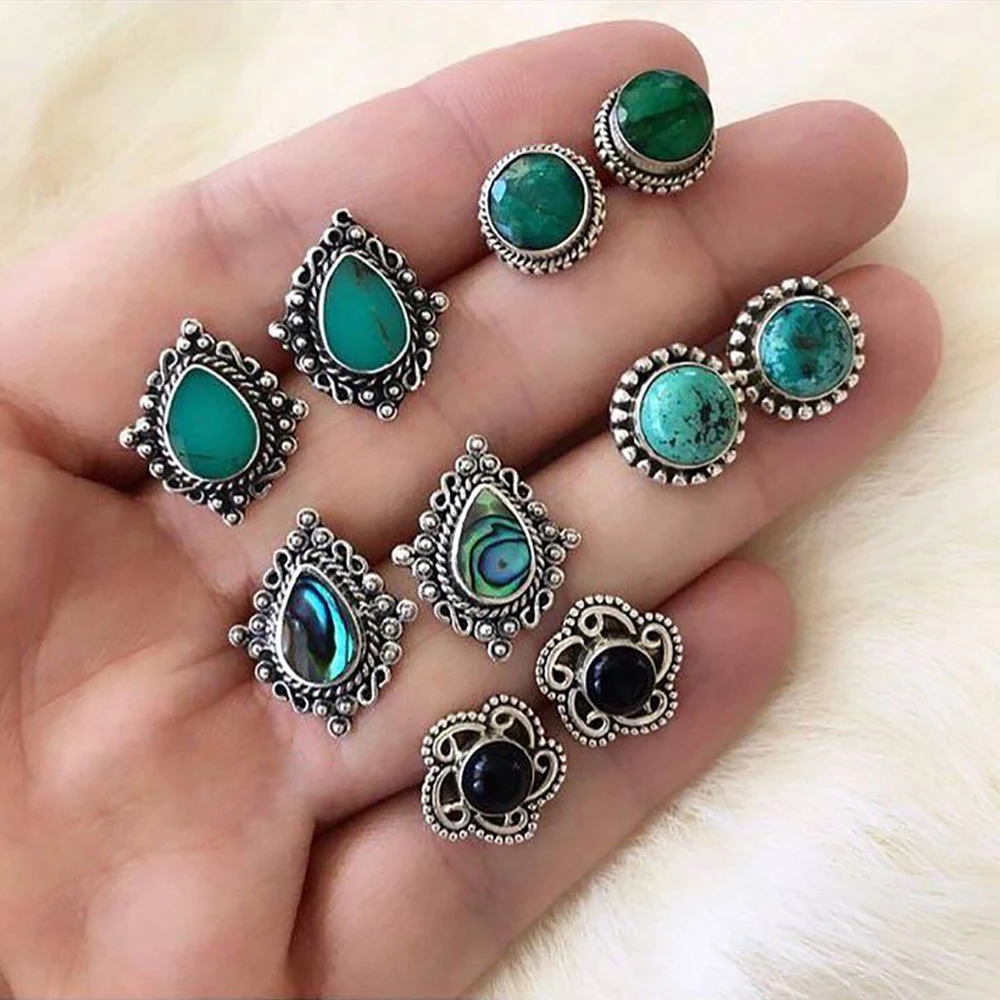 

New Retro Antique Green Earring Set for Women Geometric Flower White Black Rhinestone Pericing Stud Earrings Statement Jewelry