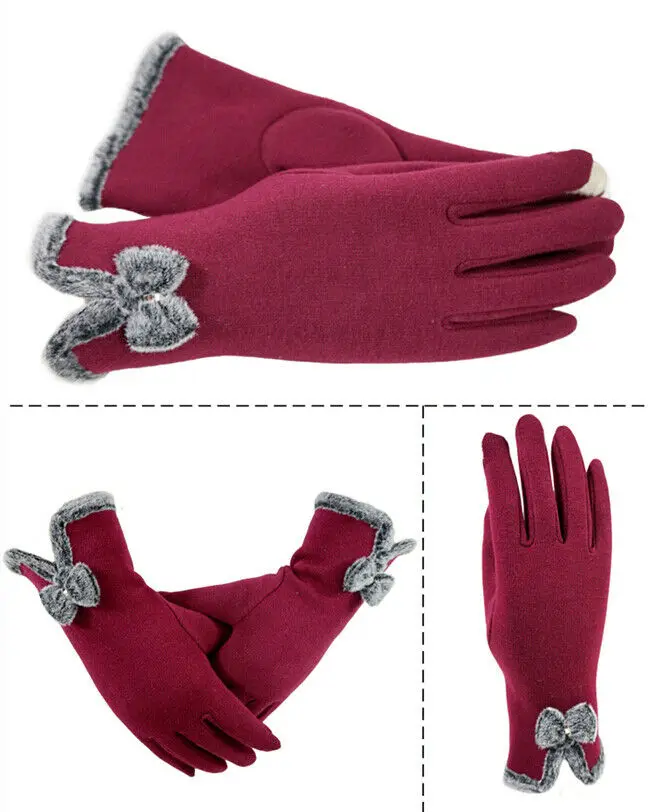 Горячая Распродажа, Женские ветрозащитные уличные перчатки с сенсорным экраном, черные, серые, коричневые, фиолетовые бархатные дышащие зимние теплые перчатки с бантом