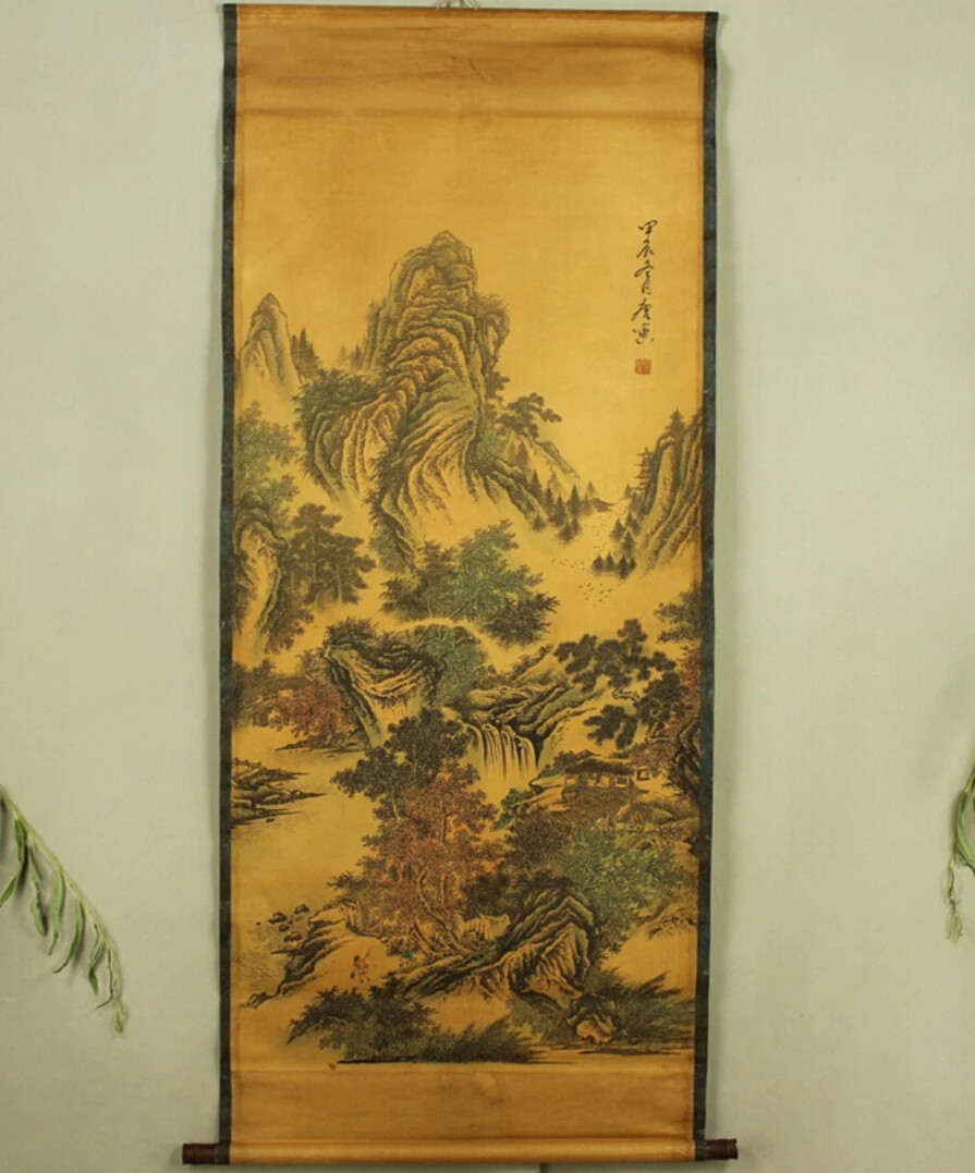 

Antique painting traditional Chinese Tang Bohu mountains and trees painting scroll painting,old paper painting