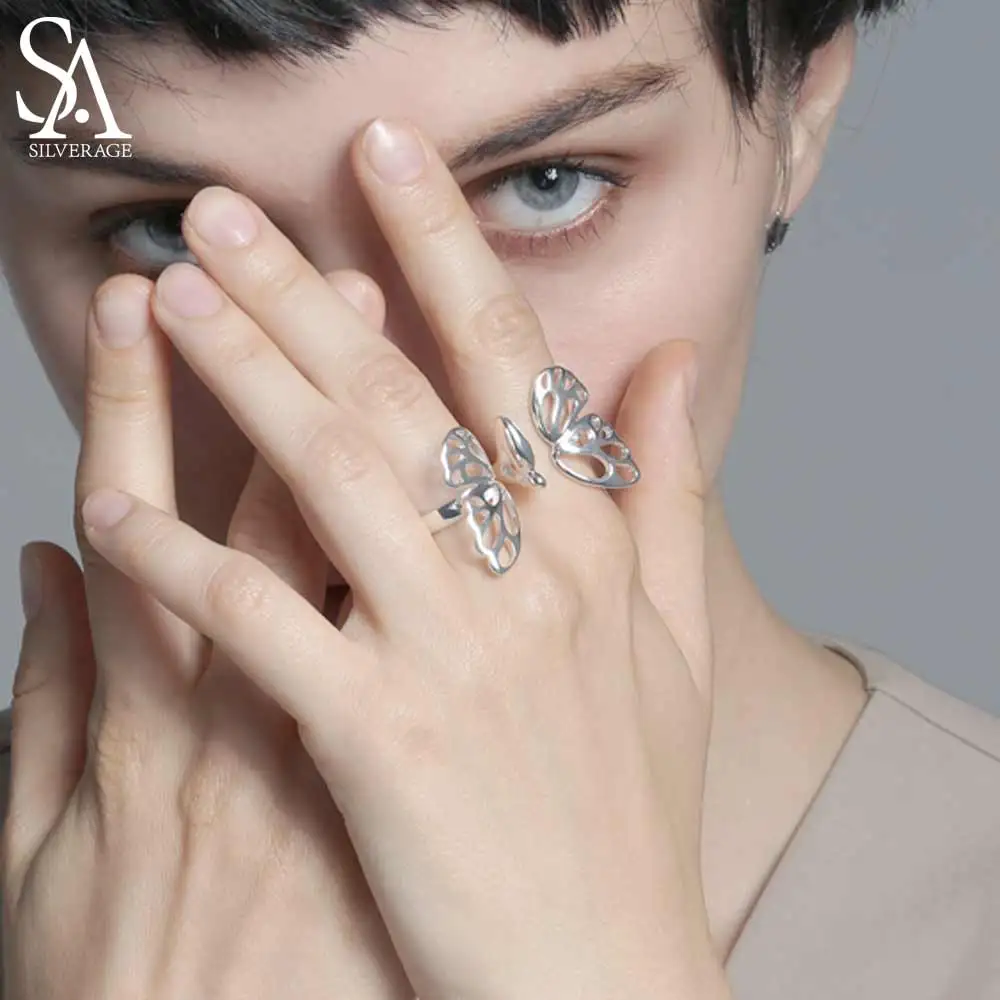 SA SILVERAGE, регулируемые 925 пробы, серебряные кольца, наборы для женщин, хорошее ювелирное изделие, модные свадебные двойные кольца с бабочкой