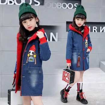 

Girls 6-16 Y Winter Autumn Denim Jean Long Sleeve Hooded Mid-long Fleece Warm Coat Fashion Cowboys Girl Pattern Windbreak Jacket