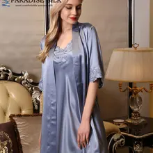 Женские пижамы наборы чистый 19 мм шелковый Слип халат набор с Размер Кружева M L XL