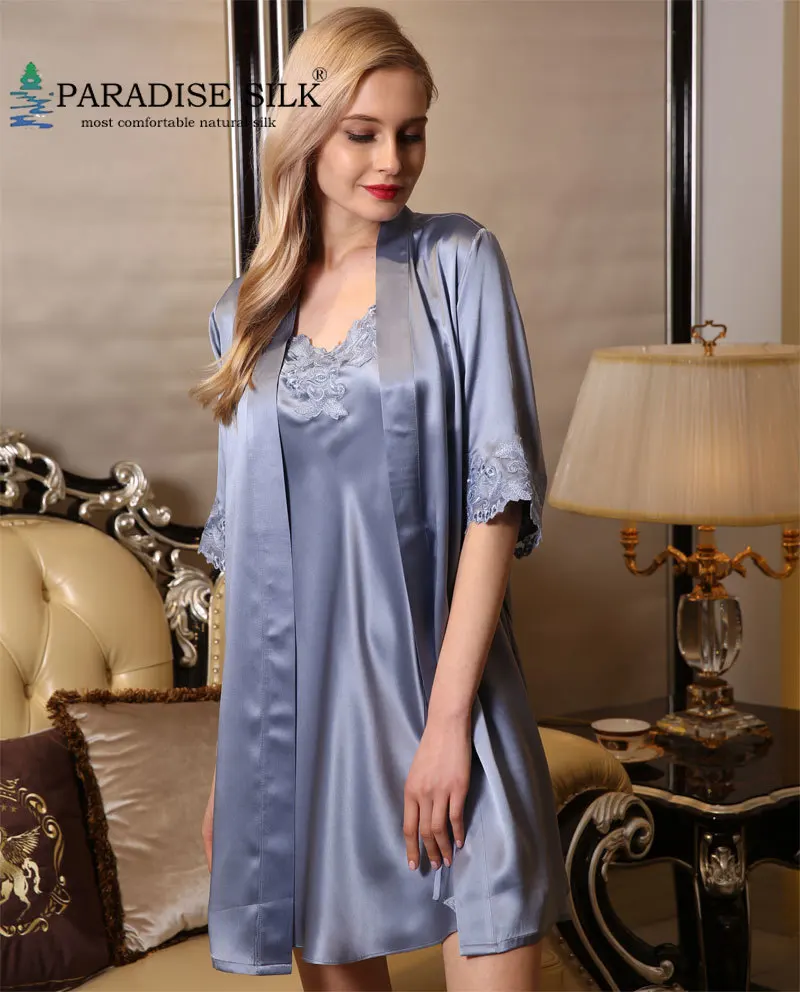 

Women Sleepwear Sets 100% Pure 19MM Silk Slip Robe Set With Lace Size M L XL
