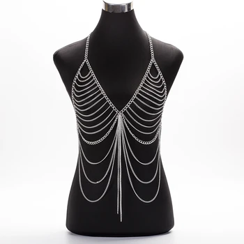 

New European Style Long Tassel Sexy Bikini Breast Necklace Women Gold Color Body Chain Jewelry BY17