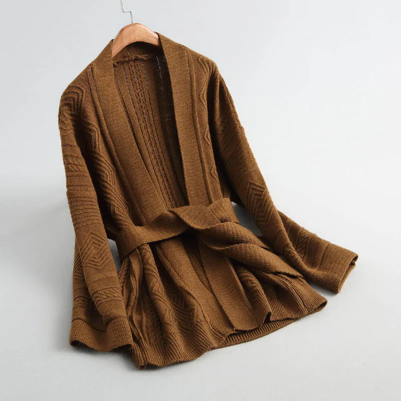 J82 Модный женский изысканный вязаный кардиган с длинными рукавами и поясом, женский теплый свитер с открытой строчкой, верхняя одежда - Цвет: Коричневый