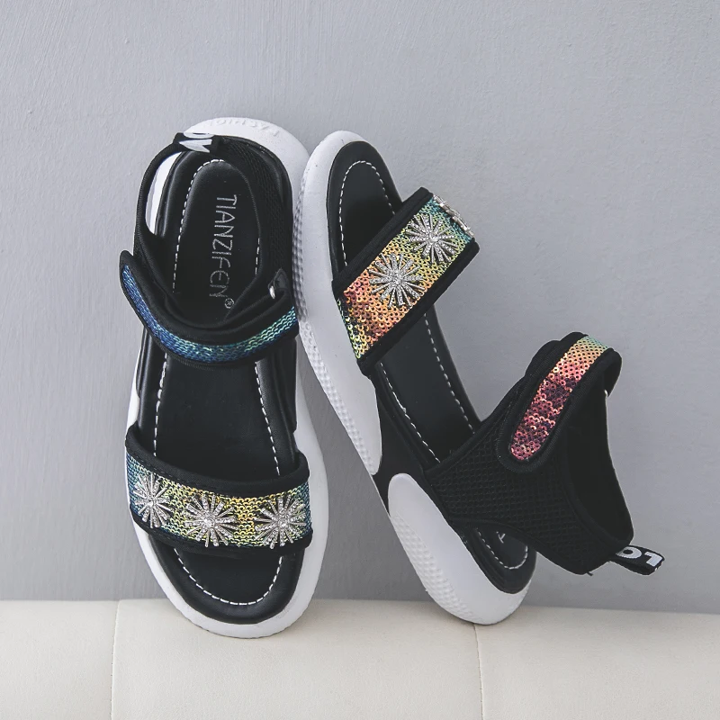 

Rimocy womens bling sandals flat heels crystal fower silver glitter platform open toe women shoes summer casual beach sandalias