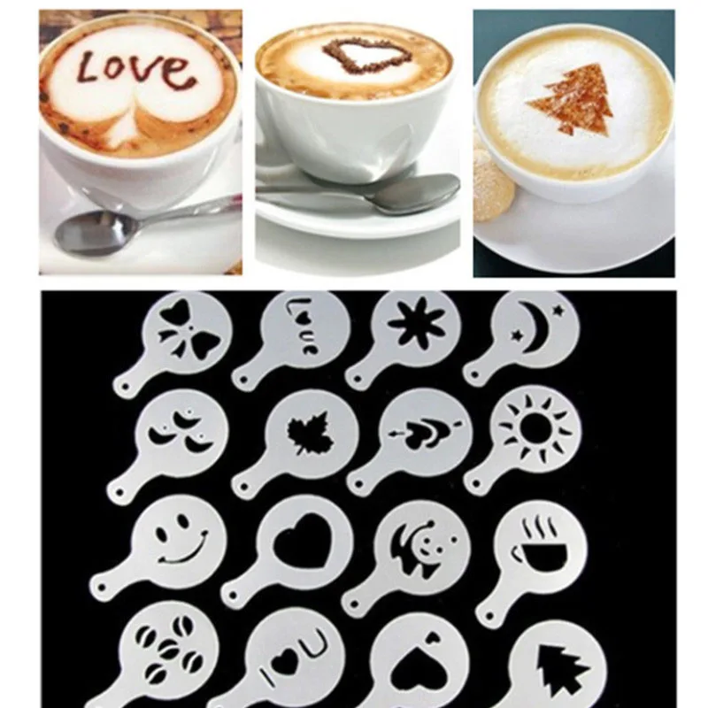 

16Pcs/Set Coffee Stencil Filter Latte Cappuccino Barista Art Stencils Cake Duster Templates Coffee Tools Accessories