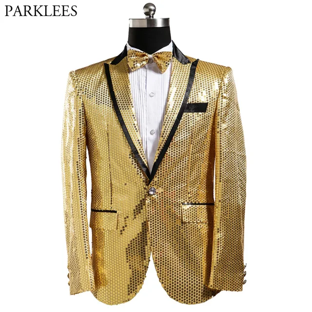 Shiny Gold Sequins Blazer Jacket Men 2018 New Prom One Button