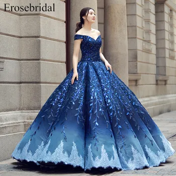 

Royal Blue Evening Dress Off the shoulder Princess Party Dress Appliques Evening Gowns Lace up Ball Gown vestido de festa ES265