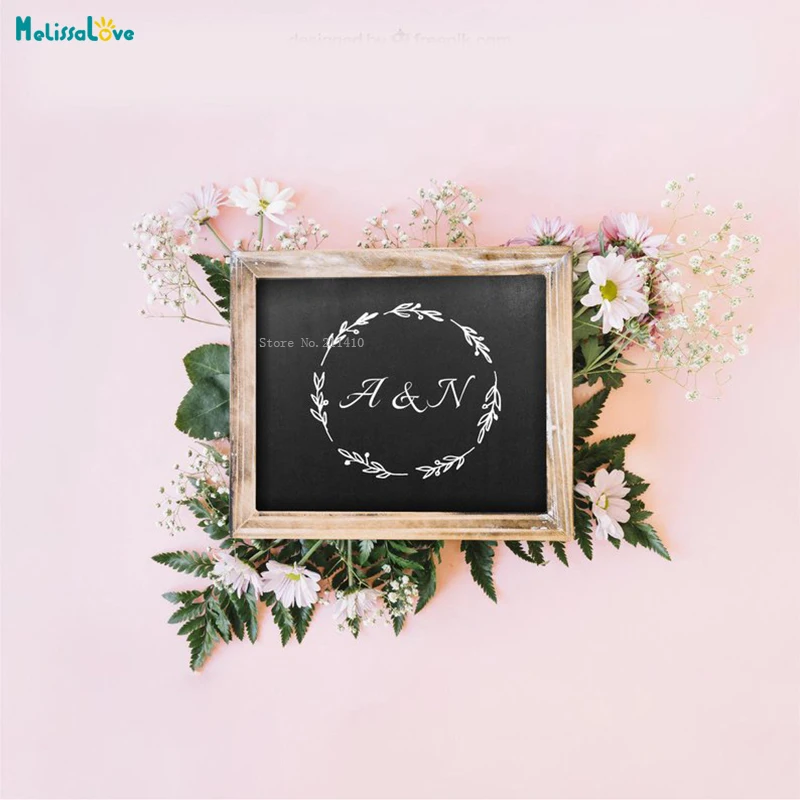 

Vinyl Monogram Decal Custom Wedding Sticker Decal Initial Wreath Decal Floral Ornaments Modern Design Board Decor YT1512