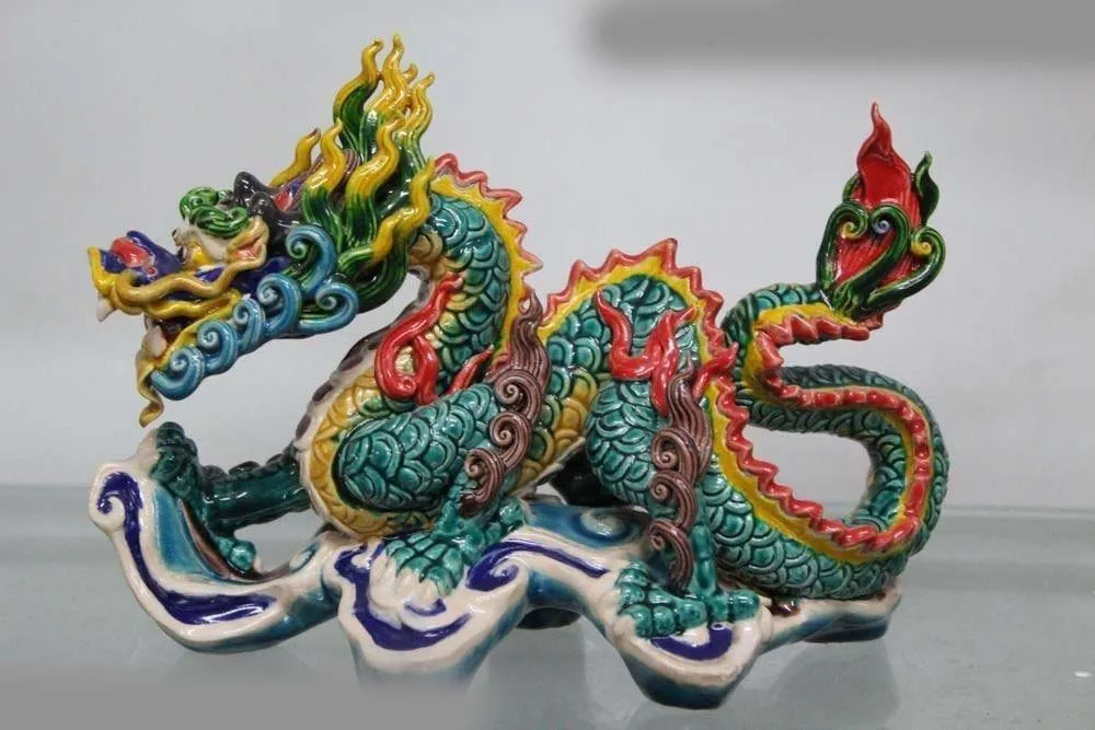 

Taiwan Cochin pottery Colorful porcelain Feng Shui Wealth Fly Dragon Art Statue