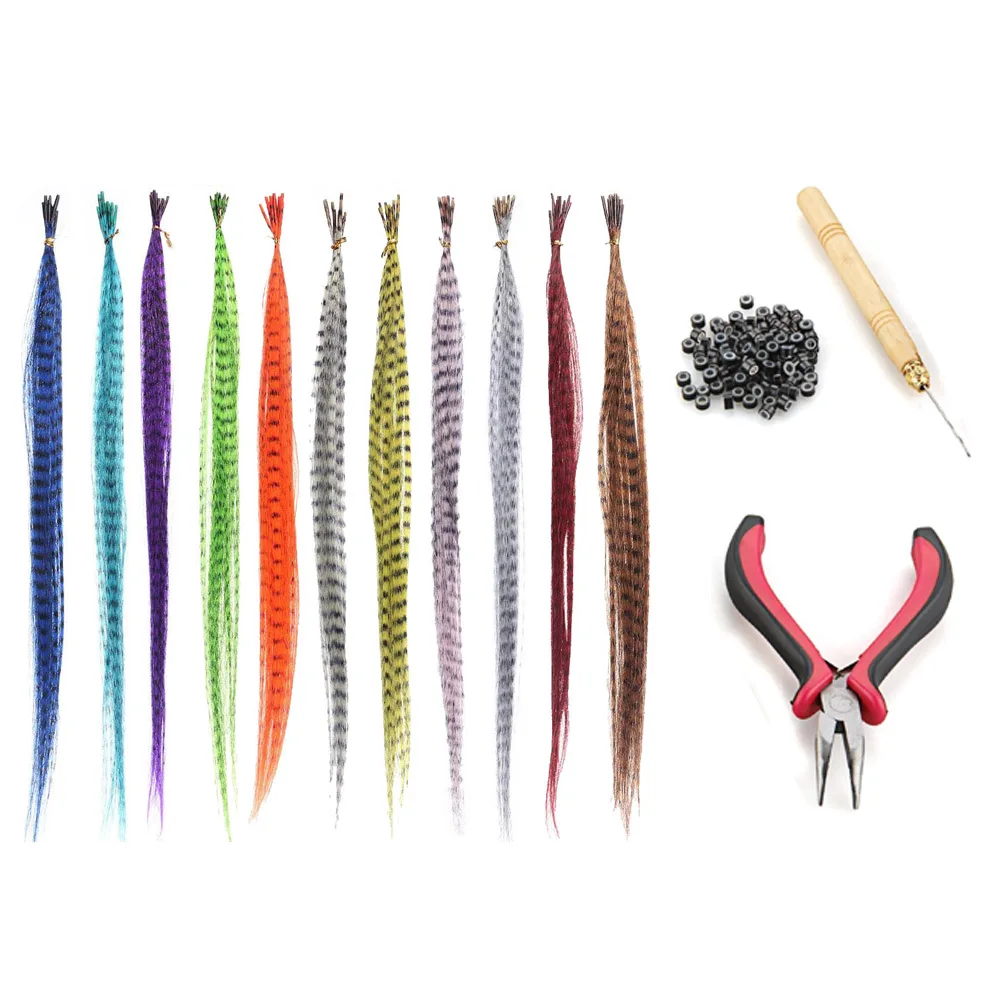 55 шт многоцветные синтетические волосы перья для наращивания волос DIY микро бусы Набор для наращивания волос женские перья инструменты для наращивания волос