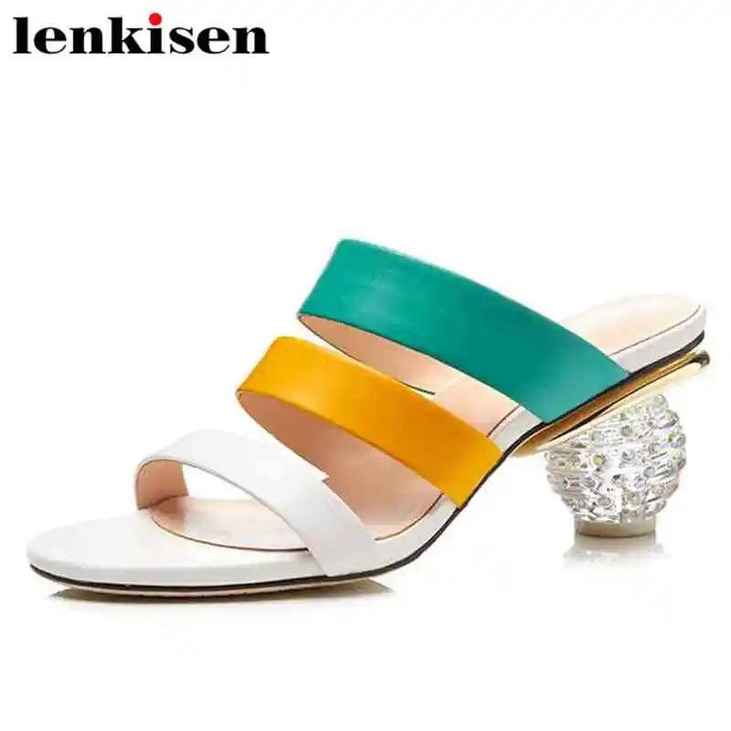 

Lenkisen mixed colors gladiator peep toe slip on high thick crystal heel mule meeting party large size women leather sandals L50