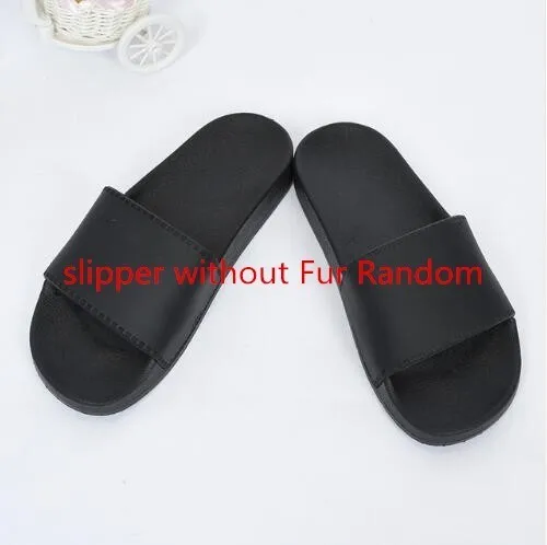 Fluffy Slippers Real Fox Fur Slides Indoor Flip Flops Casual High Recommend Raccoon Fur Sandals Vogue Plush Shoes - Color: black without sliper