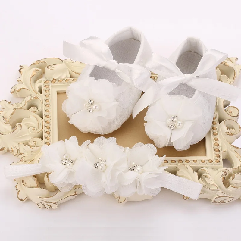 Kids Girls sapato bebe Rhinestone Flower baptism baby Shoe Headband Set Ballerina Shoes Baby Shower Slippers Boutique 3 set/lot |