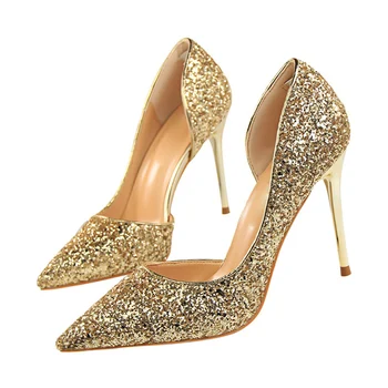 

2020 Plus Size 43 Women 9.5cm High Heels Sexy Glitter Bling Scarpins Pumps Stiletto Wedding Bridal Prom Silver Valentine Shoes