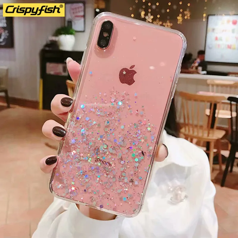 

Fashion Shining Glitter Star Phone Case For iPhone X XS XR XS Max 6 6S 7 8 Plus Sequin Transparent Soft TPU Back Cover