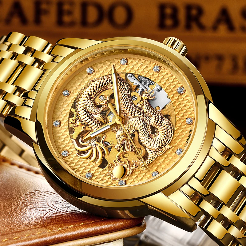 

Dragon Skeleton Automatic Mechanical Watches For Men Wrist Watch Stainless Steel Strap Gold Clock 30m Waterproof Mens watch+box