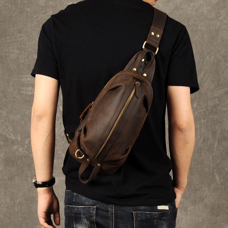 

Brand Men Vintage Genuine Leather Messenger Shoulder Bag Cowhide iPad Chest Pack Zipper Male Handmade Pouch Chest Purse 1921