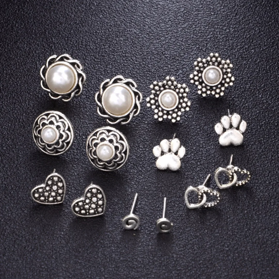 Punk Heart Pearl Flower Ear Stud Earring brincos Lovely Cat Dog Claw Print Earring Shellhard Antique Silver Jewelry 7 Pairs/Set