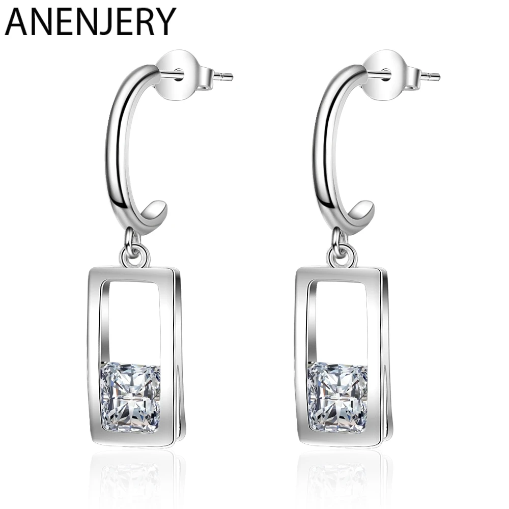 

ANENJERY 925 Sterling Silver Earrings Geometric Rectangle Shaped Zircon Water Droplets Stud Earrings For Women S-E881