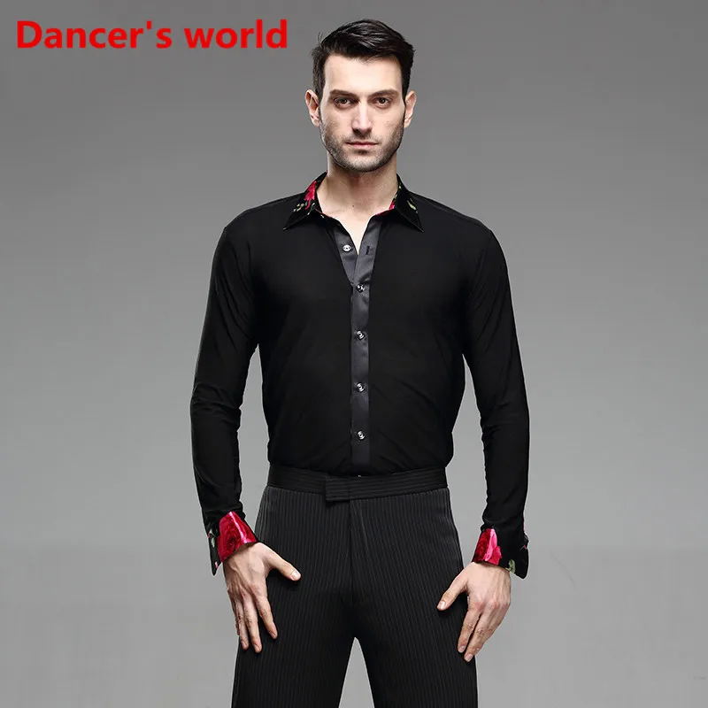 Long Sleeves Round Neck Tie Mens Latin Shirts Dance Top Ballroom Latin