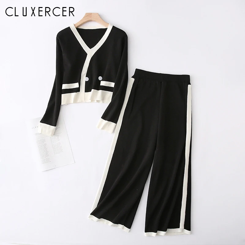 

2019 New Casual Women 2 Piece Set Knitted Cardigan Top And Wide-legged Pants Suit Ladys Elegant Chic V Neck knit Sets Outfit