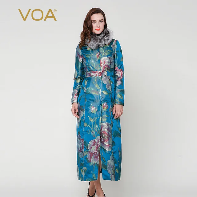 Cheap VOA blue octavo big body red flower  X-type long parkas fox fur silk new winter coat female M7255