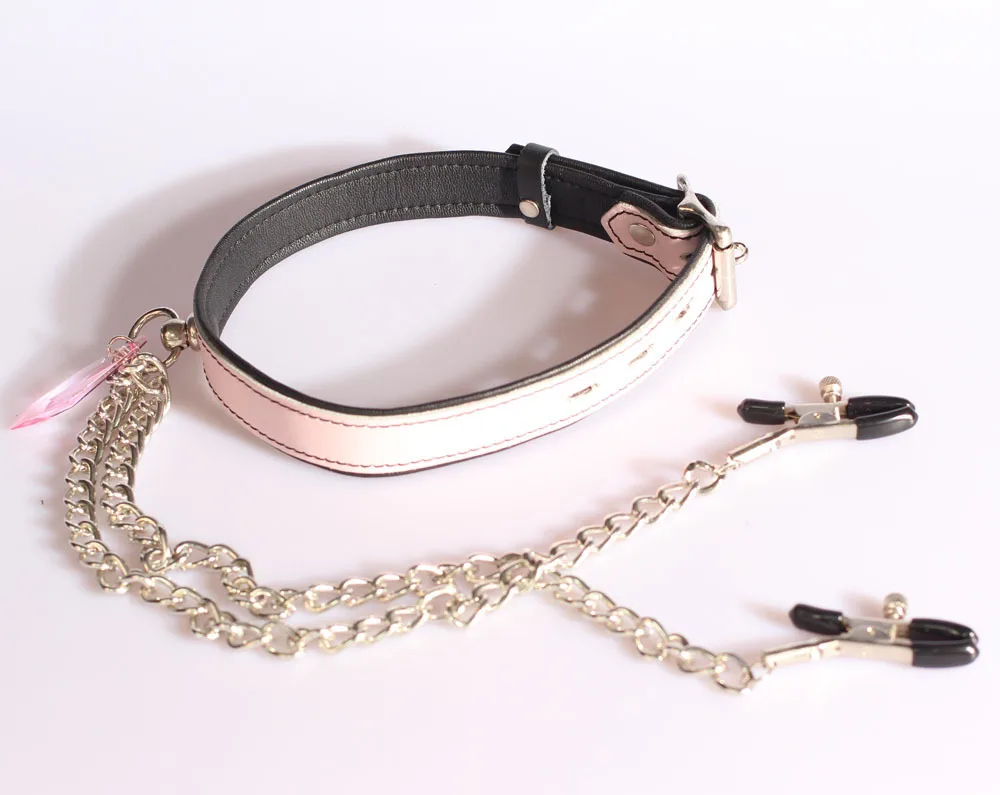 2014 NEW ARRIVAL leather restraining collar & nipple clips, Lady sexy pink neck cuff & nipple clamps toy, Adult products collar