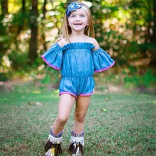 Детские купальники для девочек одежда для малышей из джинсовой ткани для девочек с цветочным рисунком, одежда в загородном стиле с открытыми плечами летнее пляжное бикини