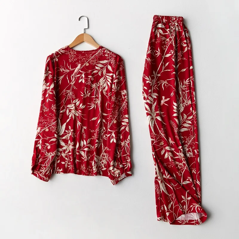 Модный Красный пижамный комплект с рисунком карты из вискозы с длинным рукавом, длинные штаны, повседневная одежда для сна, свободная мягкая Пижама