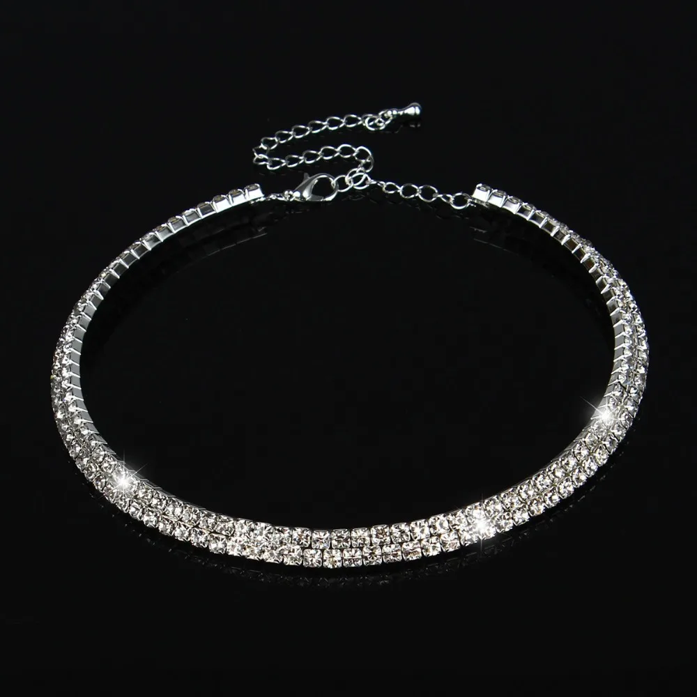 TREAZY Women Crystal Diamante 2 Row Rhinestone Choker Chain Necklace