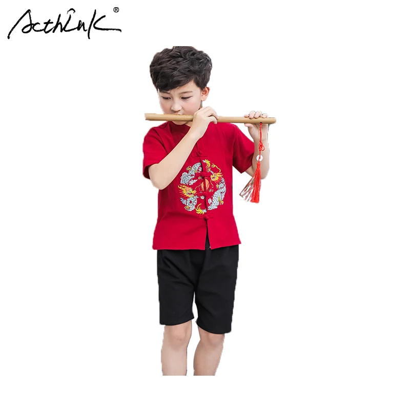 ActhInK 2019 New 3 Colors Boys Summer Linen Suit Peking Opera Design Dragon Pattern Tang Clothing Set |