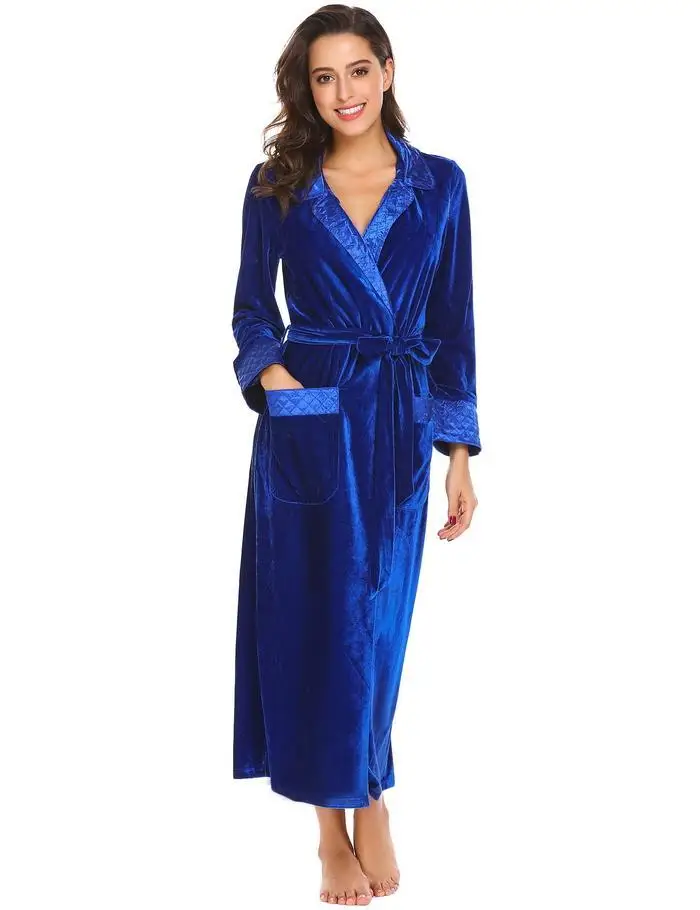 Ekouaer Women New Winter Robes Bathrobes Casual Turn Down Collar Long Sleeve Patchwork Pocket Velvet Robe with Belt Nightwear