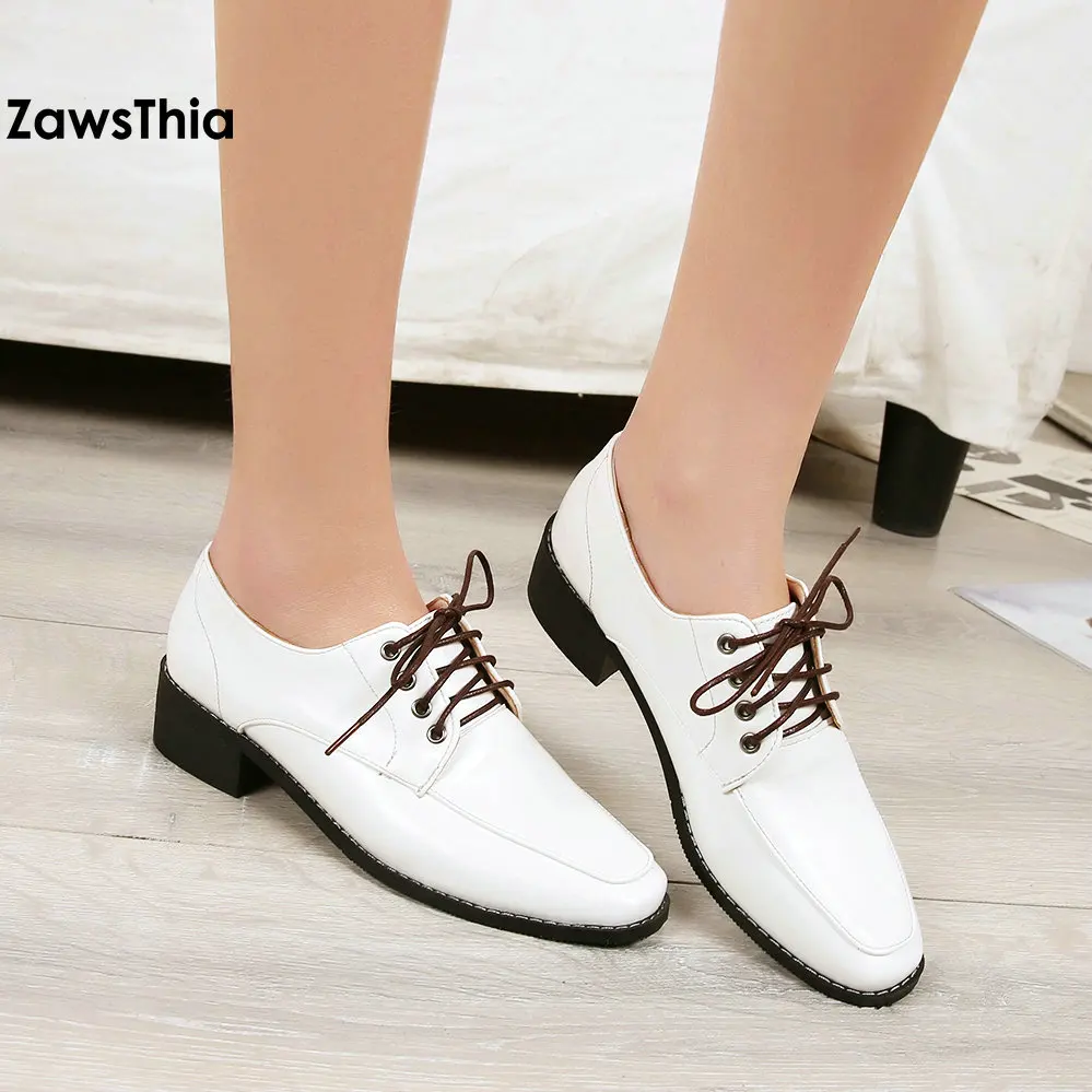

ZawsThia 2018 spring summer british oxford patent leather lace up woman flats solid white casual brogue shoes loafers women