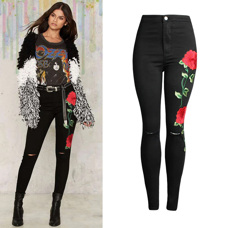 black floral embroidered jeans