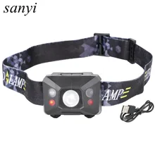 1* XPE+ 2* светодиодный налобный светильник, встроенный аккумулятор, красный светильник, 2 режима, белый светильник, датчик, мини светодиодный налобный фонарь для кемпинга, охоты с usb-кабелем