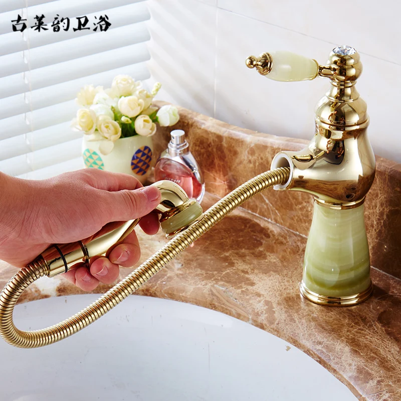

European natural jade copper faucet pull type bathroom faucet basin single hole basin faucet
