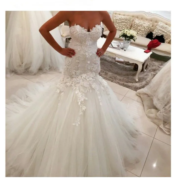 

2019 Mermaid Lace Wedding Dresses Sweetheart Neckline Lace Appliques Tulle Backless Draped Lace Bridal Dresses Wedding gowns