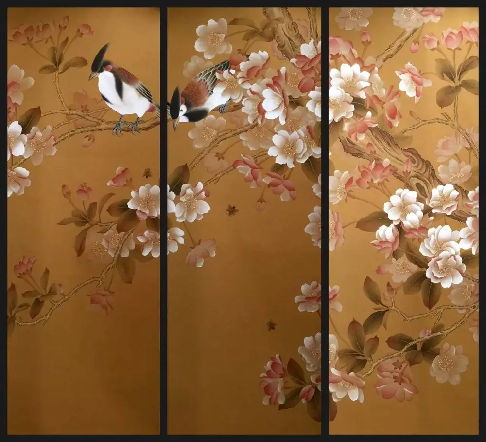 Customized Hand-painted silk wallpaper painting flowers with birds hand painted wallcovering many patterns/backgrounds optional