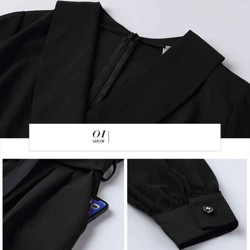 2019 New Plain Black blue Office Ladies Workwear Jumpsuit Wrap Lace Detail Tailored Long Sleeve Pockets Women Elegant Jumpsuit