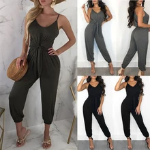 Summer new Women Casual Loose Solid Gray Black Jumpsuit Sleeveless Backless Playsuit Trousers Overalls
