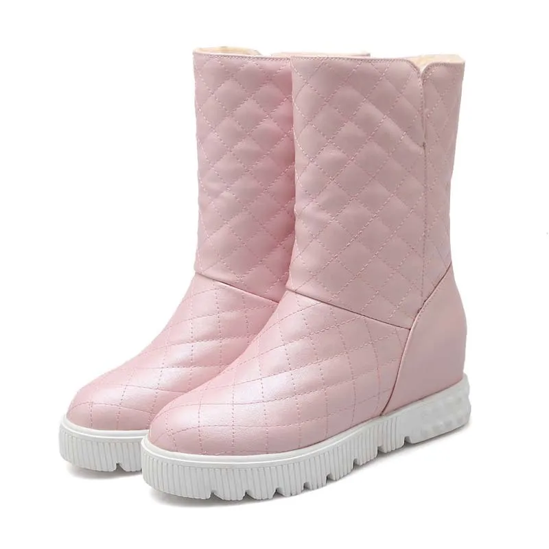 Новые женские зимние ботинки с круглым носком на низком каблуке; простые элегантные ботинки на платформе; модная женская обувь для работы - Цвет: Розовый