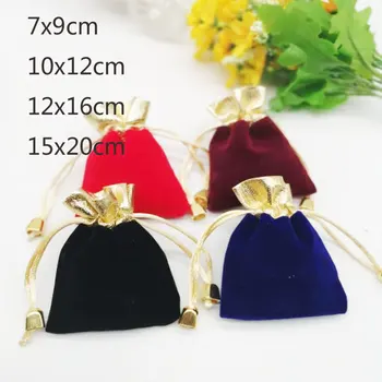 

Hot 100pcs/Lot 7x9 10x12 12x16 15x20cm Drawstring Velvet Bags Jewellery Pouch Phnom Penh Gold Bead Gift Package Bags