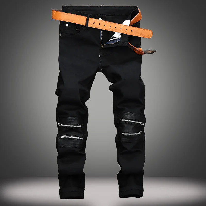 

zipper decoration black casual pants male paste leather straight Slim fit pants nightclub tide men elastic casual denim trousers