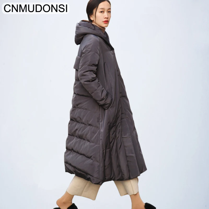 Модный женский пуховик, зимнее теплое длинное пальто с капюшоном, большие размеры, женские парки на утином пуху для женщин, Большая одежда, пальто