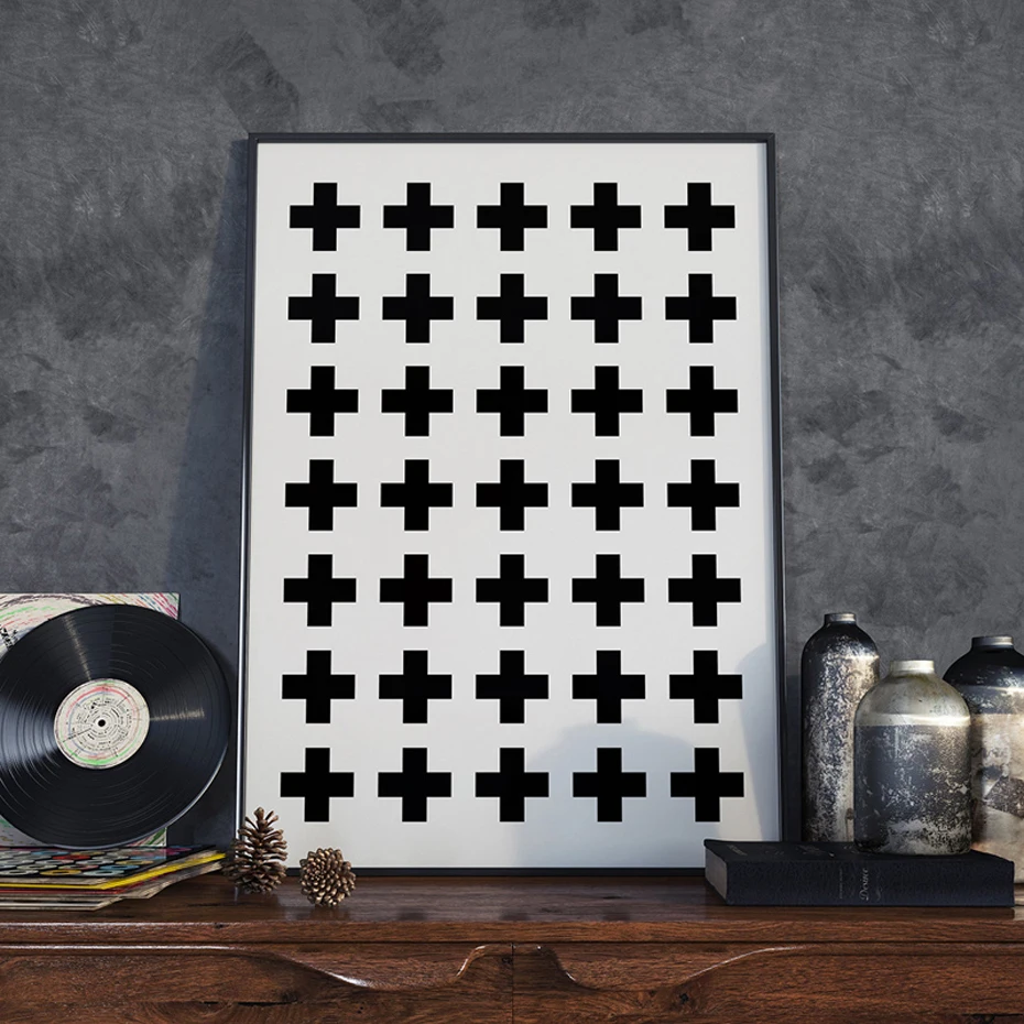 

Minimalist Black and White Plus Sign Cross Pattern Canvas Wall Art Prints Poster Scandinavian Poster for Living Room Home Decor