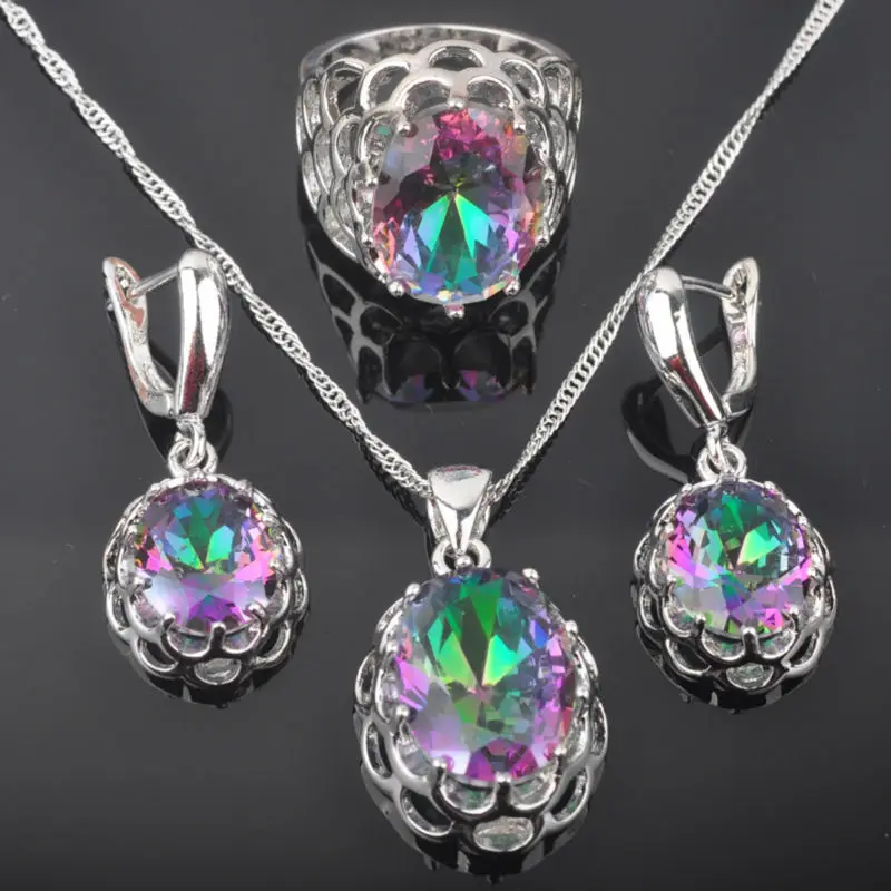 

FAHOYO Unique Multicolor Rainbow Zirconia Women's 925 Silver Jewelry Sets Earrings/Pendant/Necklace/Rings Free Shipping QZ0160