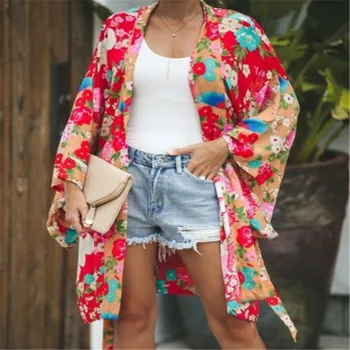 

Trendy Women clothes Long Sleeve Floral print Casual Coat Bandage Loose Cardigan Chiffon Tops one pieces