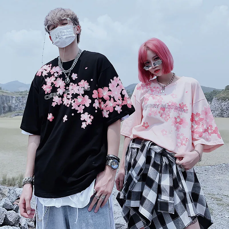 

2019 Summer High Quality Cherry Blossom Print Short-sleeved Shirt Oversized Cotton Hip Hop Romantic Men And Women Couple T-shirt